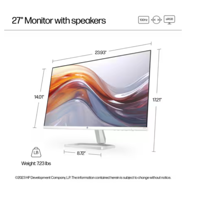 For HP Series 5 27 Inch FHD Monitor with Speakers - 527SA-FHD (1920 X 1080)-IPS-LCD-HP Eye Ease-For Business-Brand New