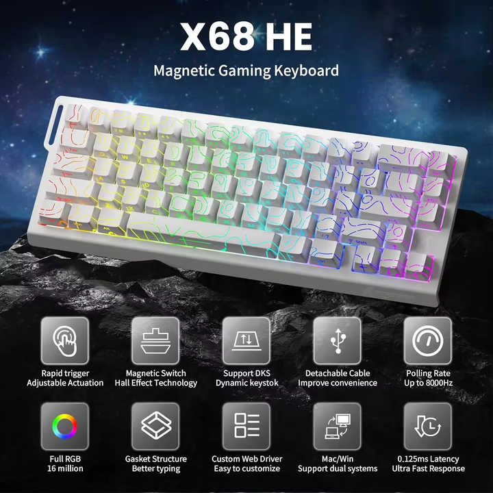 Attack Shark X68 He Wired RGB 8KHz English-Speaking Gaming Keyboard with RGB Lighting Desktop Gaming Mechanical Keyboard